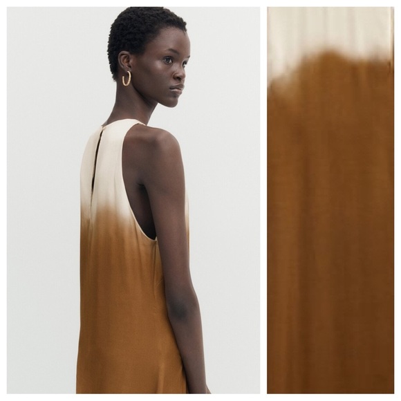 NWT. Massimo Dutti Brown/Cream Satin Finish Tie-Dye Flowing Long Dress. Size 2. - Picture 4 of 11